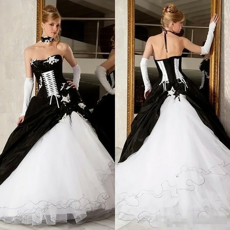 Bridal Sash Ribbon - ที่กําหนดเองวินเทจสีดําและสีขาวชุดแต่งงานบอลชุดร้อนขายลูกไม้ขึ้นรัดตัววิคตอเรียแบบกอธิคท่อชุดเจ้าสาว