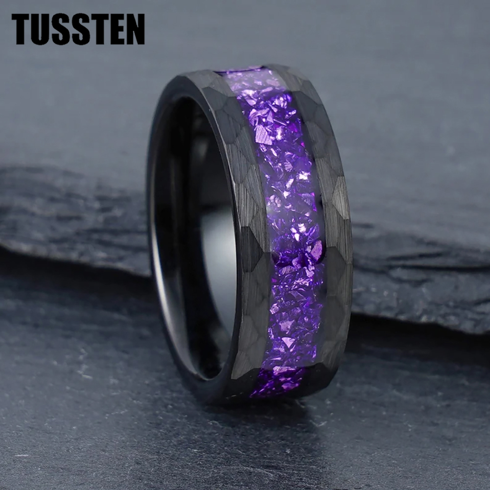 Wedding Zone - TUSSTEN 8 มม.ผู้ชายผู้หญิงแฟชั่นแหวนหมั้นคริสตัลหิน Inlay Hammered สีดําทังสเตนคาร์ไบด์แหวนสบาย