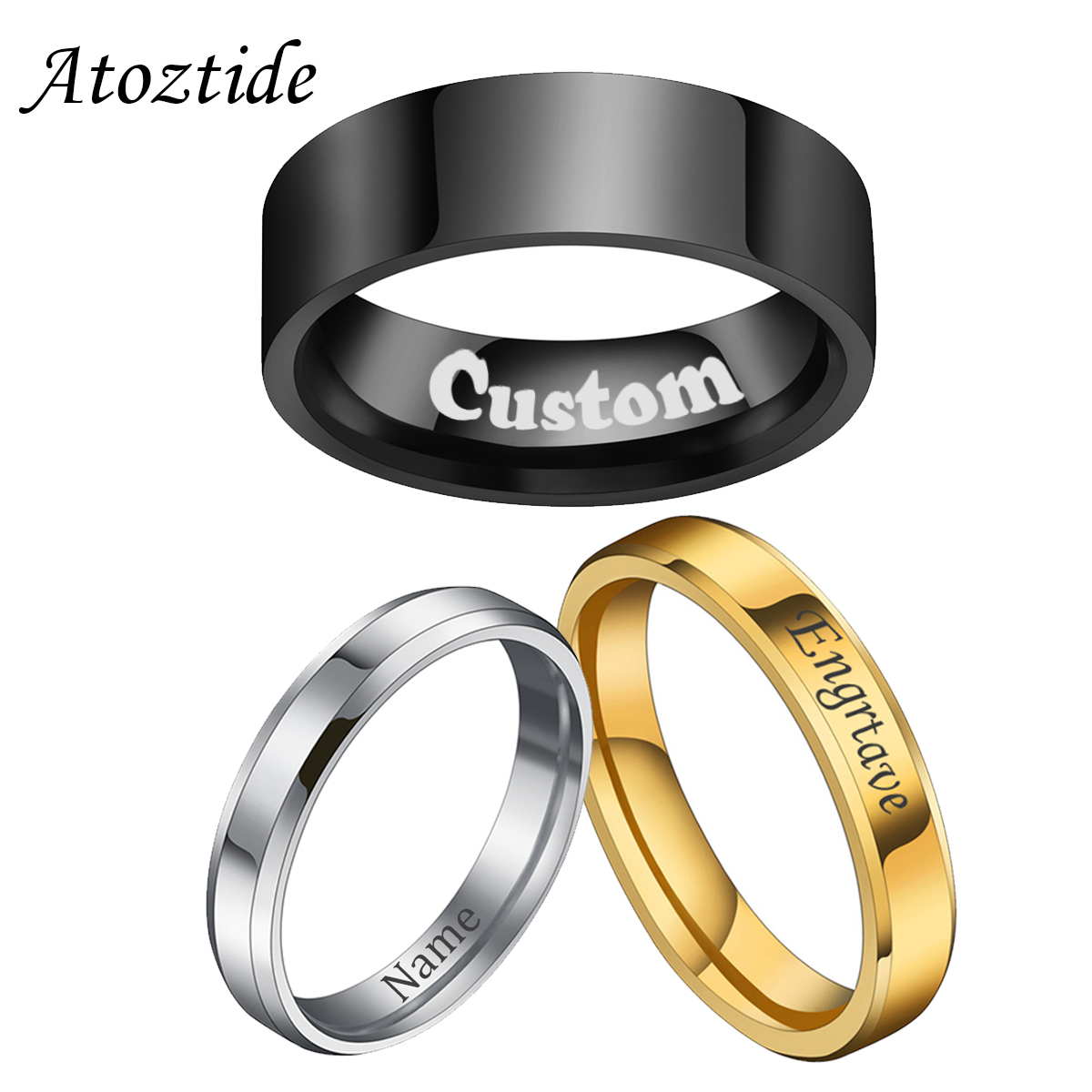 Wedding Zone - Atoztide 4/6/8Mm ส่วนบุคคลแกะสลักชื่อวันที่แหวนผู้หญิงทองสแตนเลสที่กำหนดเองหัวใจคู่เครื่องประดับของขวัญ