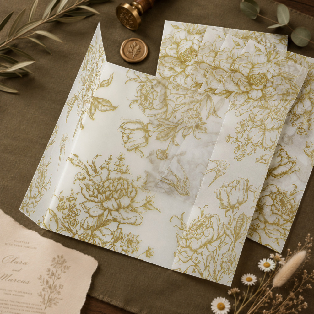 Wedding Envelopes - 20/50 ชิ้น กระดาษเวลลัมห่อลายดอกไม้สีเดียว, แจ็คเก็ตเวลลัมลายดอกไม้สไตล์วินเทจ, ซองจดหมายพับเวลลัม DIY,