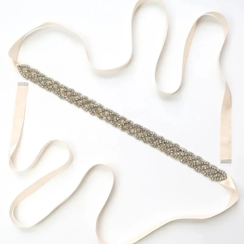 Bridal Sash Ribbon - เครื่องประดับชุดเพื่อนเจ้าสาวสำหรับผู้หญิง สายคาดเอวประดับเพชรน้ำ สายคาดประดับคริสตัลพร้อมริบบิ้นผ้าซาติน เข็มขัดเจ้าสาวคริสตัลทำมือ