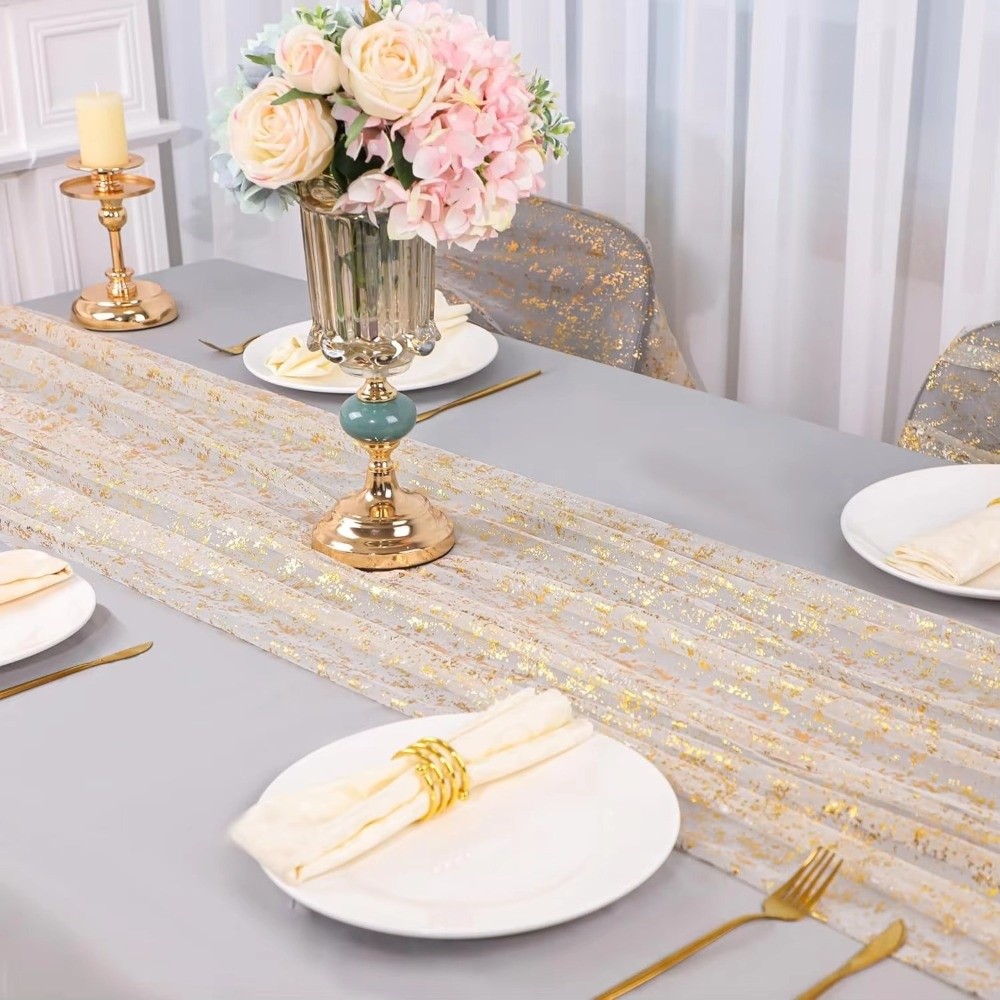 Table Runner Sequin - ผ้าปูโต๊ะปักเลื่อมสีทอง ประดับกลิตเตอร์ หรูหรา สวยงาม ผ้าตาข่ายสำหรับงานวันเกิด ผ้าปูโต๊ะสไตล์ยุโรปเนื้อนุ่ม